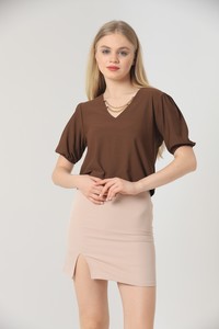 Topshow Brown V-Neck Wholesale Blouse with Two Chains on the Collar #4