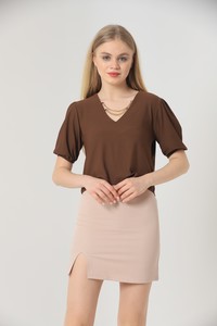 Topshow Brown V-Neck Wholesale Blouse with Two Chains on the Collar #1