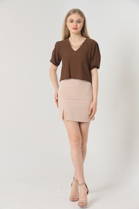 Topshow Brown V-Neck Wholesale Blouse with Two Chains on the Collar #2