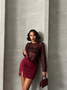 Topshow Burgundy Suede Slit Wholesale Skirt #2