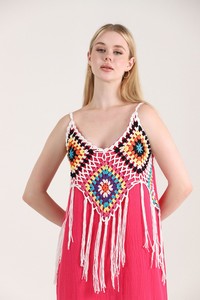 Topshow Fuchsia Cream Fringed Long Wholesale Dress #2