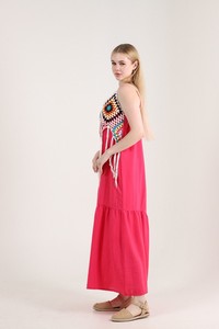 Topshow Fuchsia Cream Fringed Long Wholesale Dress #3