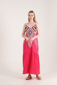 Topshow Fuchsia Cream Fringed Long Wholesale Dress #4