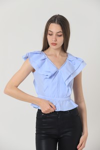 Topshow Blue V-neck Shoulder to Waist Ruffle Wholesale T-Shirt #4