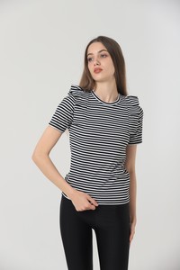 Topshow Black Cream Striped Ruffle Shoulder Striped Wholesale T-Shirt #3