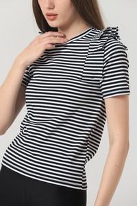 Topshow Black Cream Striped Ruffle Shoulder Striped Wholesale T-Shirt #4