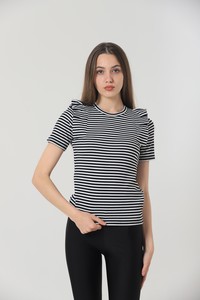 Topshow Black Cream Striped Ruffle Shoulder Striped Wholesale T-Shirt #2