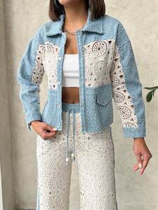 Topshow Blue Dsn1 Wholesale Denim Jacket with Lace Detail #4