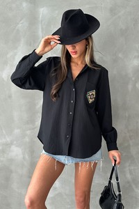 Topshow Black Lace Detailed Seersucker Wholesale Shirt #1