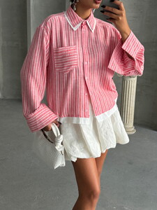 Topshow Pink Poplin Detailed Striped Wholesale Shirt #4