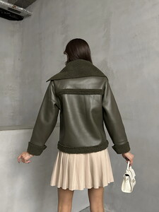 Topshow Khaki Zippered Leather Coat #5