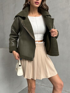 Topshow Khaki Zippered Leather Coat #4