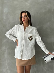 Topshow Cream Lace Detailed Seersucker Wholesale Shirts #3