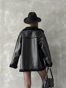 Topshow black leather fur coat #5