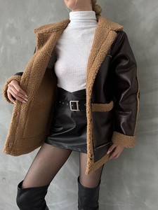 Topshow coffee leather fur coat #4