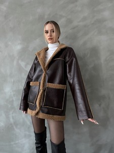 Topshow coffee leather fur coat #3