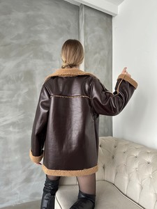 Topshow coffee leather fur coat #5