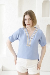 Topshow Blue V-Neck Embroidered Wholesale Blouse #4