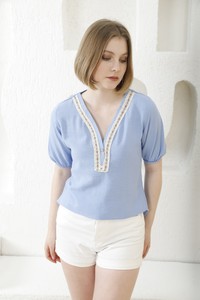 Topshow Blue V-Neck Embroidered Wholesale Blouse #3