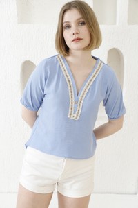 Topshow Blue V-Neck Embroidered Wholesale Blouse #2