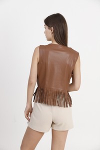 Topshow Tan Faux Leather Tasseled Wholesale Vest #5