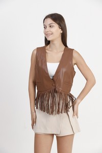 Topshow Tan Faux Leather Tasseled Wholesale Vest #3