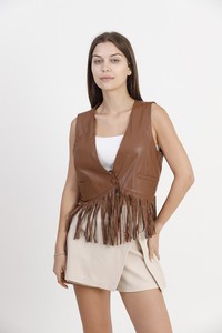 Topshow Tan Faux Leather Tasseled Wholesale Vest #2