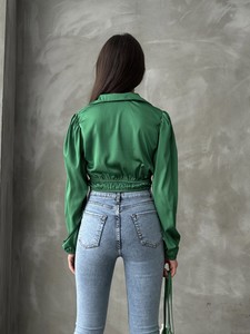 Topshow Emerald Belly Top Shoulder Pleated Wholesale Shirt Collar Wholesale Blouse #5