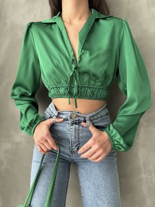 Topshow Emerald Belly Top Shoulder Pleated Wholesale Shirt Collar Wholesale Blouse #3