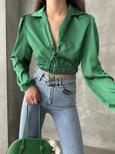 Topshow Emerald Belly Top Shoulder Pleated Wholesale Shirt Collar Wholesale Blouse #4