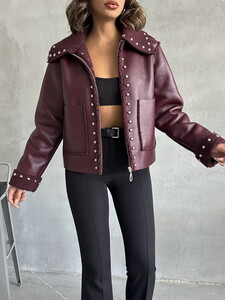 Topshow Claret Red Leather Plush Dropped Wholesale Coat #4