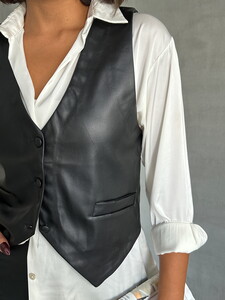 Topshow black button leather vest #4