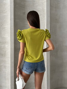 Topshow Pistachio Green T Shirt with Roses on Shoulders #5