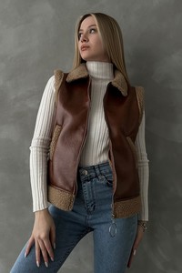 Topshow coffee leather hairy vest #3