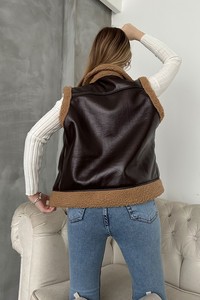 Topshow coffee leather hairy vest #5