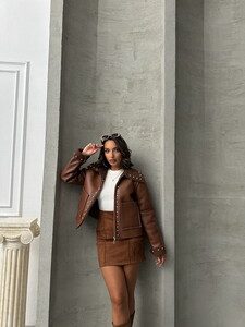 Topshow Tan Leather Plush Dropped Wholesale Coat #3