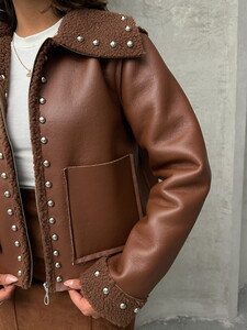 Topshow Tan Leather Plush Dropped Wholesale Coat #5