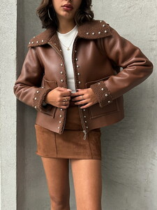 Topshow Tan Leather Plush Dropped Wholesale Coat #4