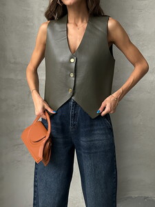 Topshow Haki Khaki Leather buttoned Vest #3