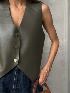 Topshow Haki Khaki Leather buttoned Vest #4