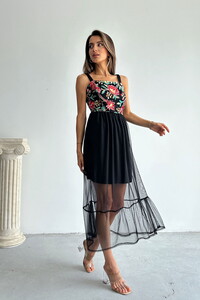 Topshow Black Bust Flower Pattern Skirt Tulle Dress #1