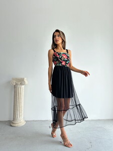 Topshow Black Bust Flower Pattern Skirt Tulle Dress #5