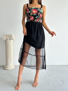 Topshow Black Bust Flower Pattern Skirt Tulle Dress #4