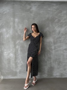 Topshow Black Polka Dot Floral Printed Dress #2