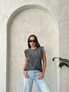 Stone Detailed Washed Wholesale Blouse - Black | Topshow #3