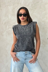 Stone Detailed Washed Wholesale Blouse - Black | Topshow #1