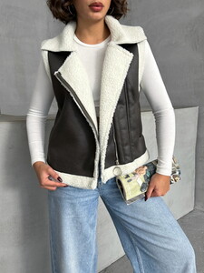 Topshow Dark Khaki Suede Fur Collar Wholesale Vest #4