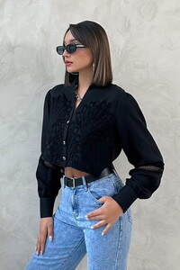 Guipure Detailed Wholesale Shirt - Black | Topshow #1