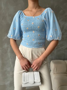 Topshow Blue Gipe Detailed Patterned Chiffon Wholesale Blouse #4