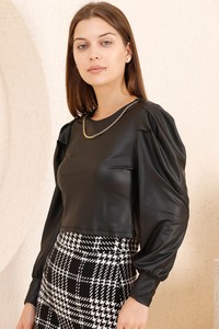 Topshow Black Leather Long Sleeve Wholesale Blouse #1